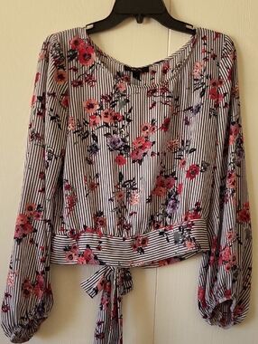 BCX Striped Floral Tie-Front Blouse - Pink, Black, White